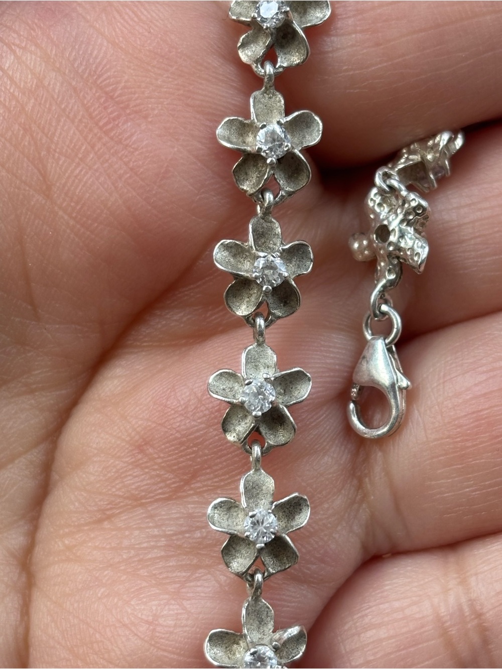 Vintage 925 Sterling Silver CZ Flower Bracelet 7.75” Floral Link Bracelet